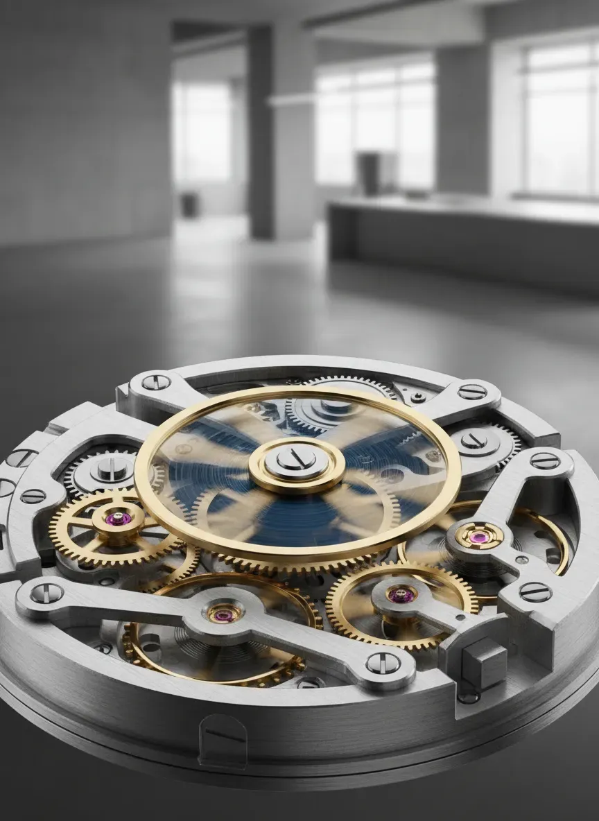 Close up of a mechanical watch movement showing the balance wheel and gears
