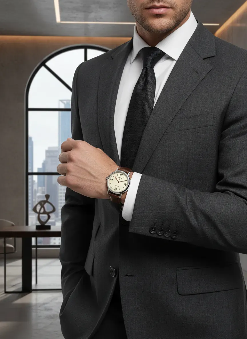 A stylish man wearing a vintage inspired 35mm quartz watch with a suit