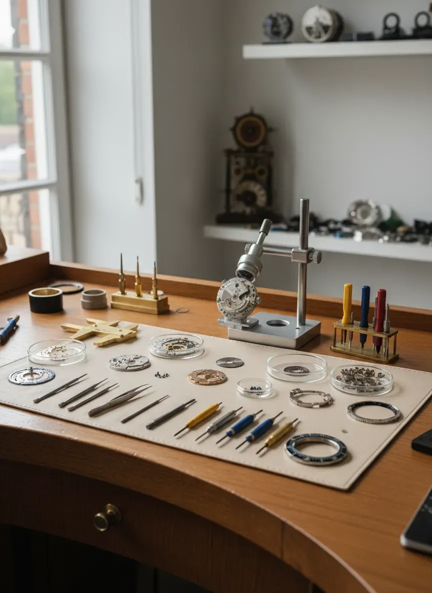 A watchmaker's workbench showing tools and disassembled Omega watch parts