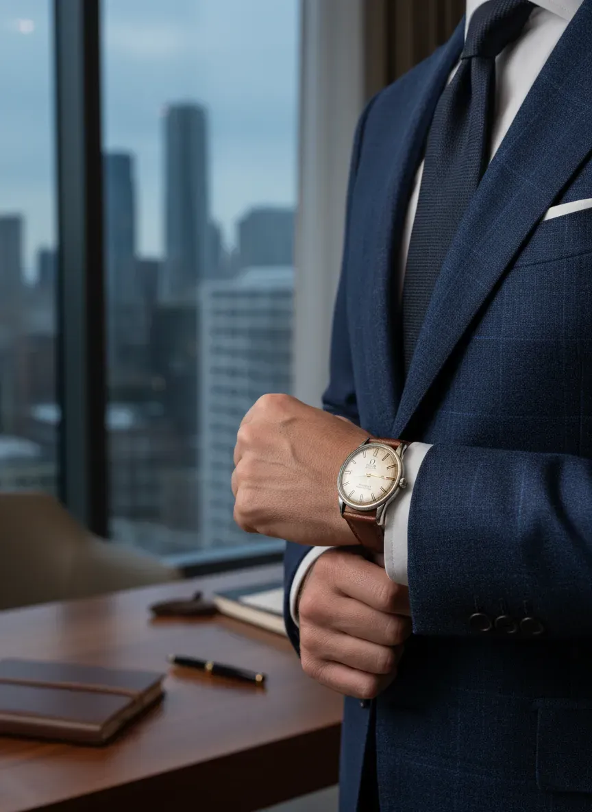 A lifestyle shot of a man wearing a vintage Omega Seamaster with a suit jacket