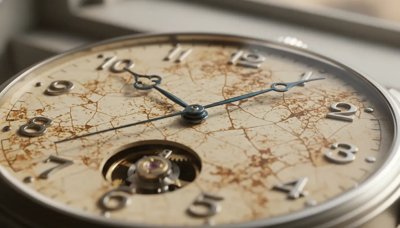 Close up of a vintage watch dial showing intricate patina and mechanical hands
