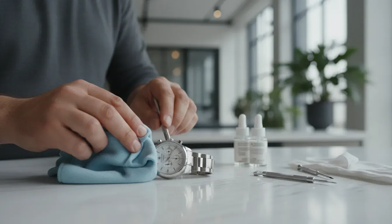Man cleaning a stainless steel watch with a microfiber cloth and brush
