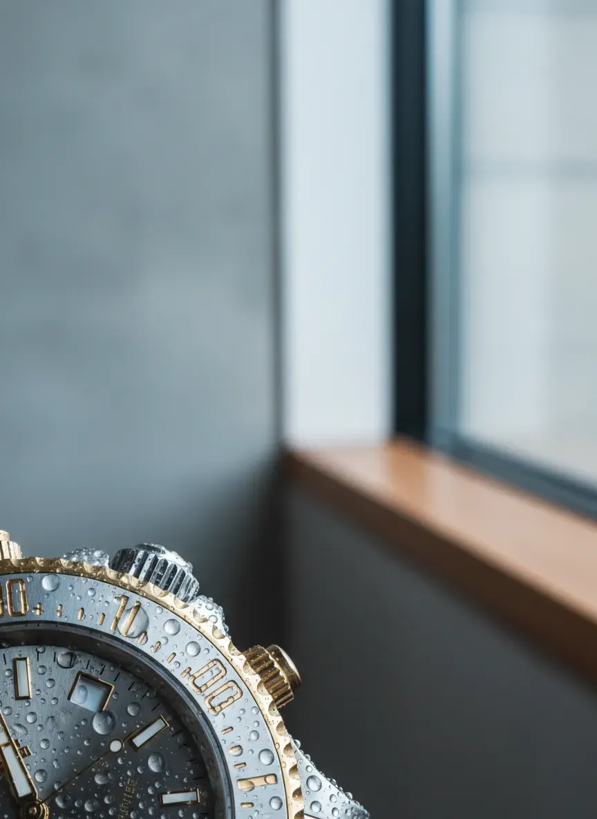Detailed shot of a watch crown and bezel with water droplets
