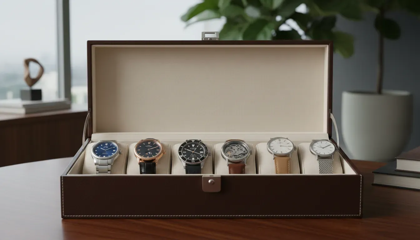 A curated collection of wrist watches for men in a leather box